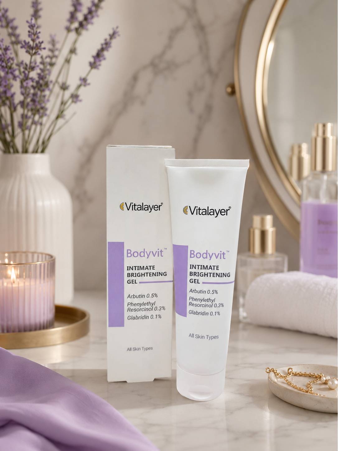 ژل روشنکننده بدن ویتالیر مدل Bodyvit مناسب برای انواع پوست، قابل استفاده در روز و شب، حجم 150 میلیلیتر