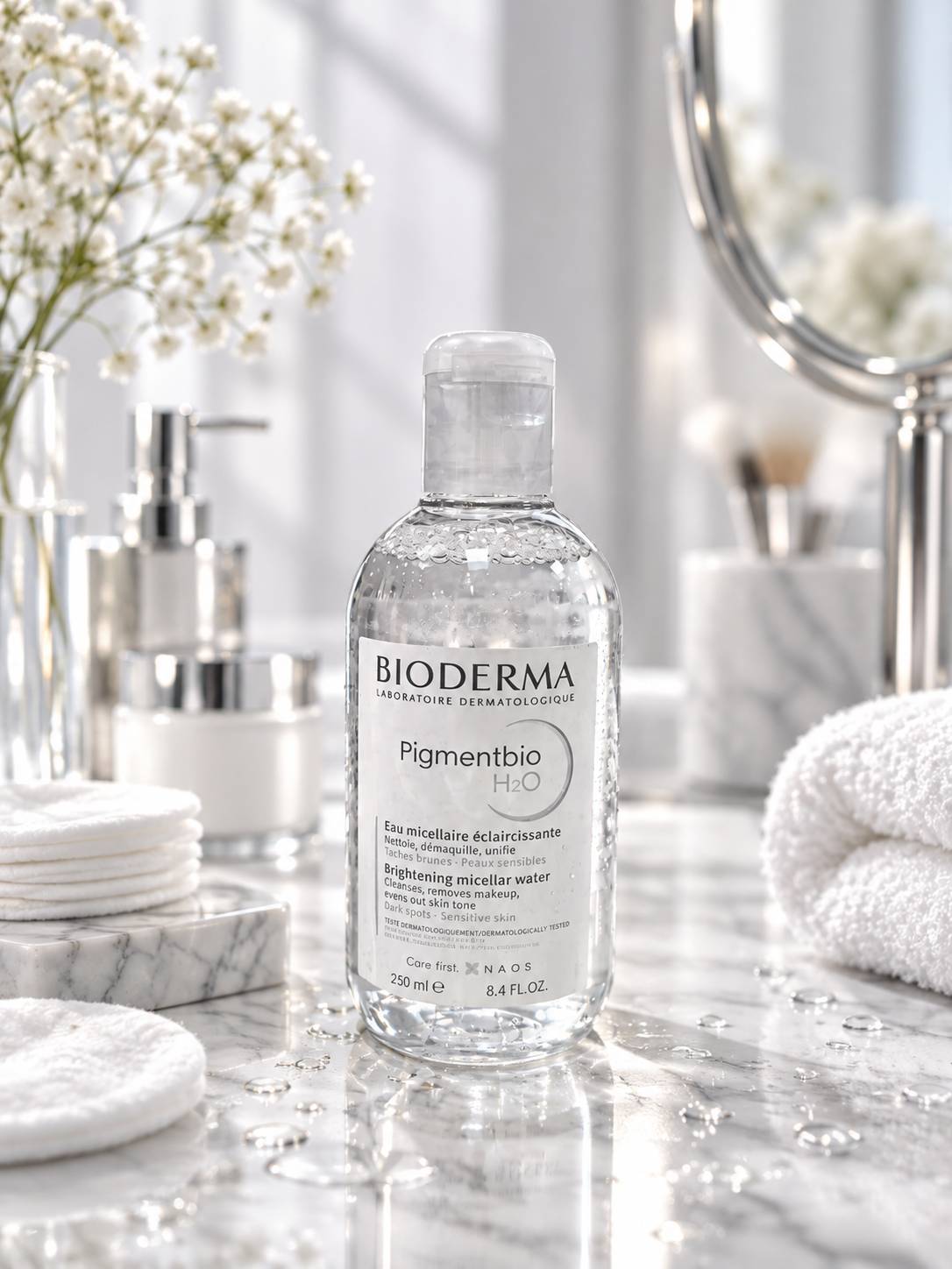 میسلار واتر ضد لک و روشن کننده بایودرما مدل PIGMENTBIO H2O حجم 250 میلی لیتر